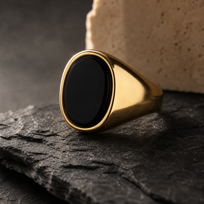 Bague homme en pierre naturelle, onyx noir serti sur anneau large