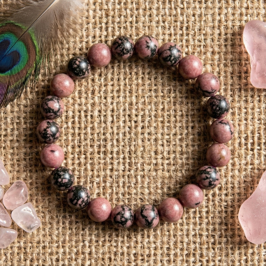 Bracelet rhodonite en perles de pierre naturelle rose veinée de noir