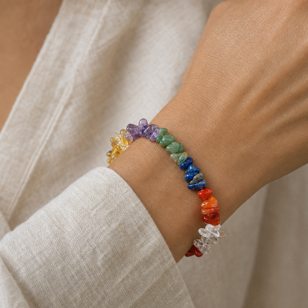 Bracelet 7 Chakras en Éclats de Pierres Naturelles — bijou porté en situation