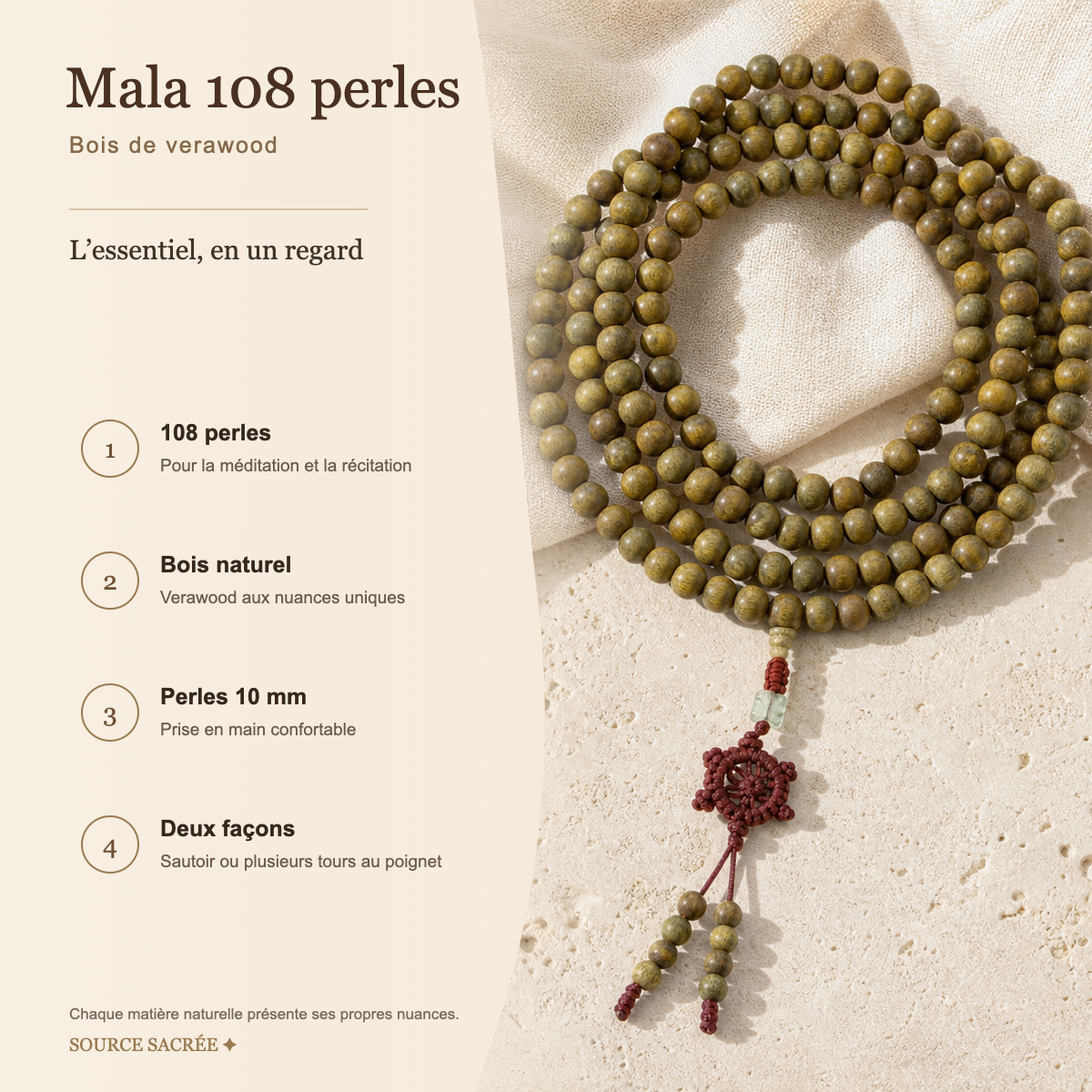 Mala Tibétain 108 Perles Bois de Verawood 10 mm — photo produit