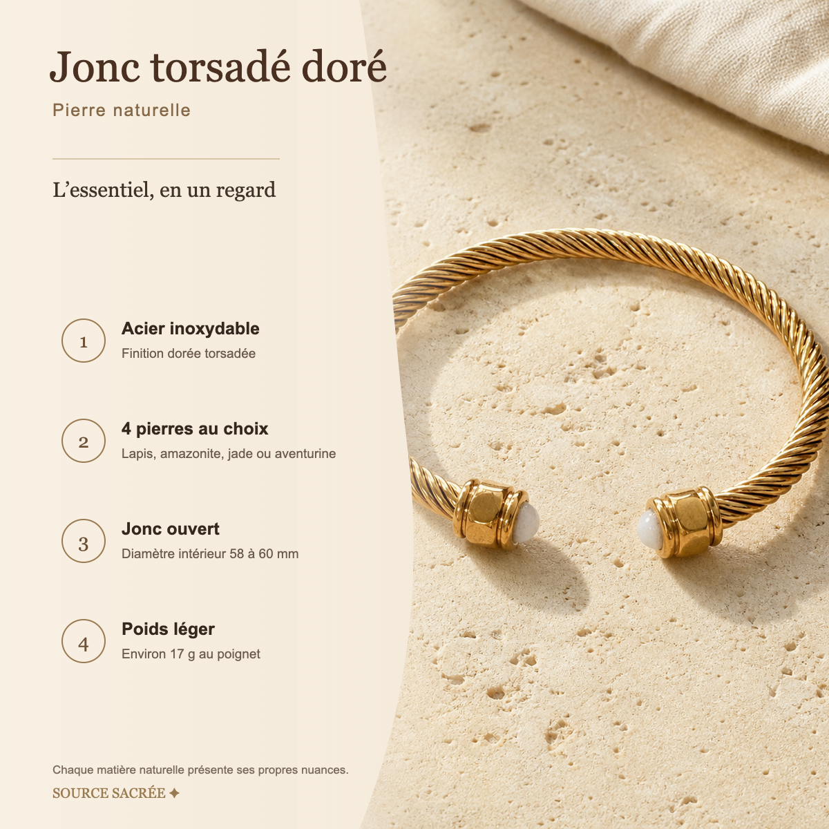 Bracelet Jonc Torsadé Doré en Pierre Naturelle — photo produit