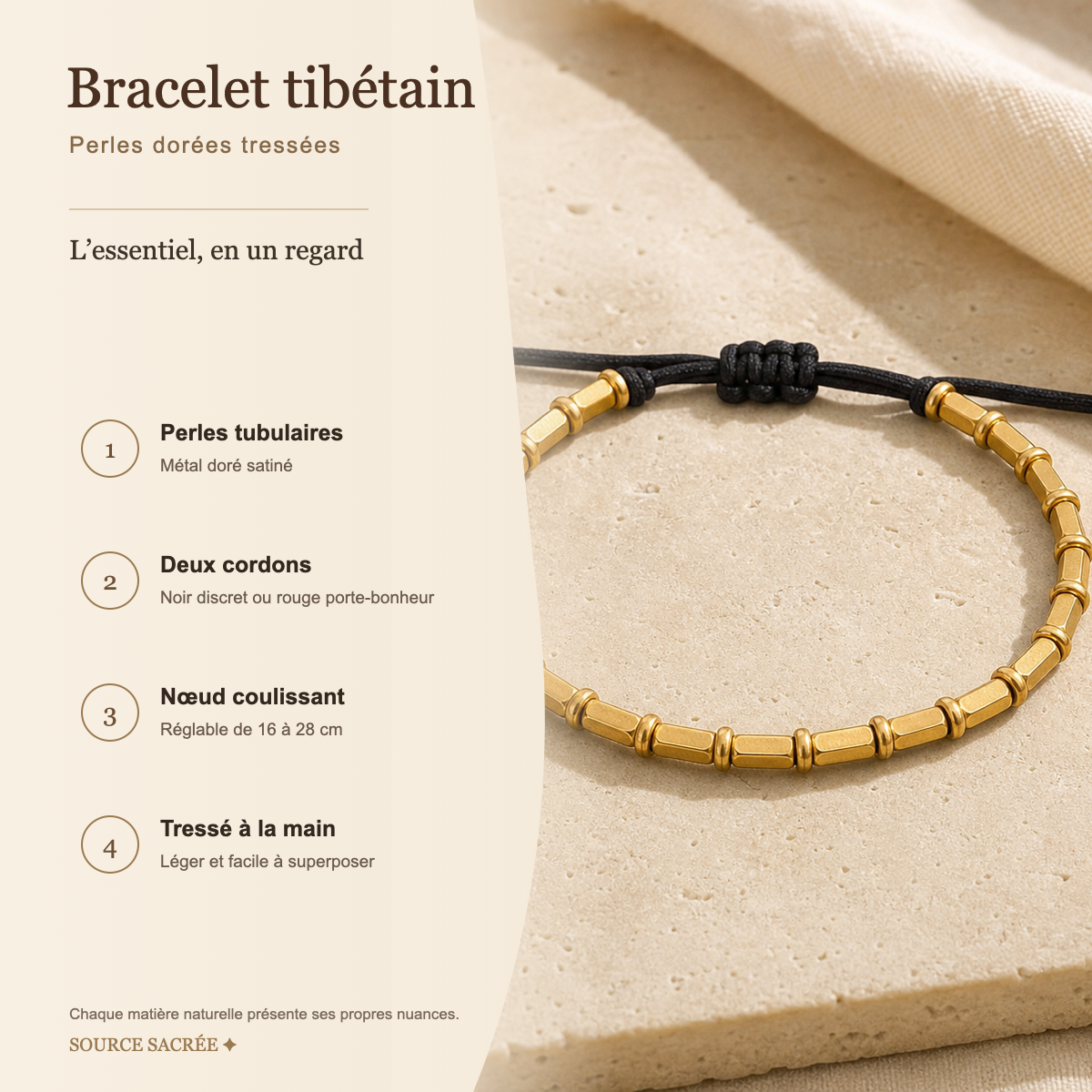 Bracelet Tibétain Perles de Cuivre Doré Tressé à la Main — photo produit