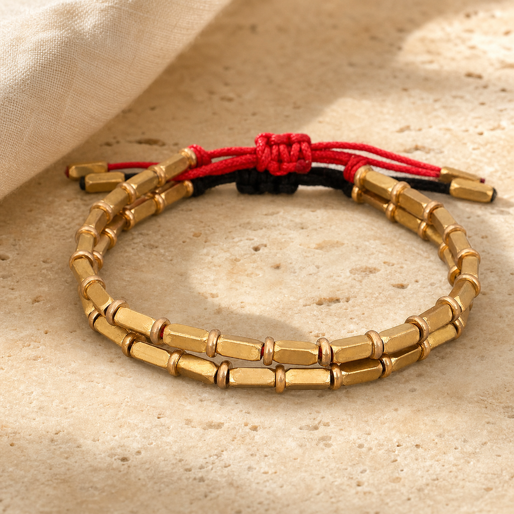Bracelet Tibétain Perles de Cuivre Doré Tressé à la Main — photo produit