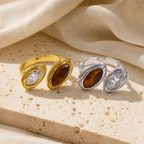 Bague œil de tigre femme Toi et Moi réglable dorée