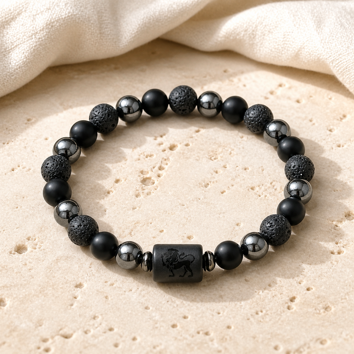 Bracelet Signe Astrologique Lion — Lave, Hématite et Onyx — vue produit premium