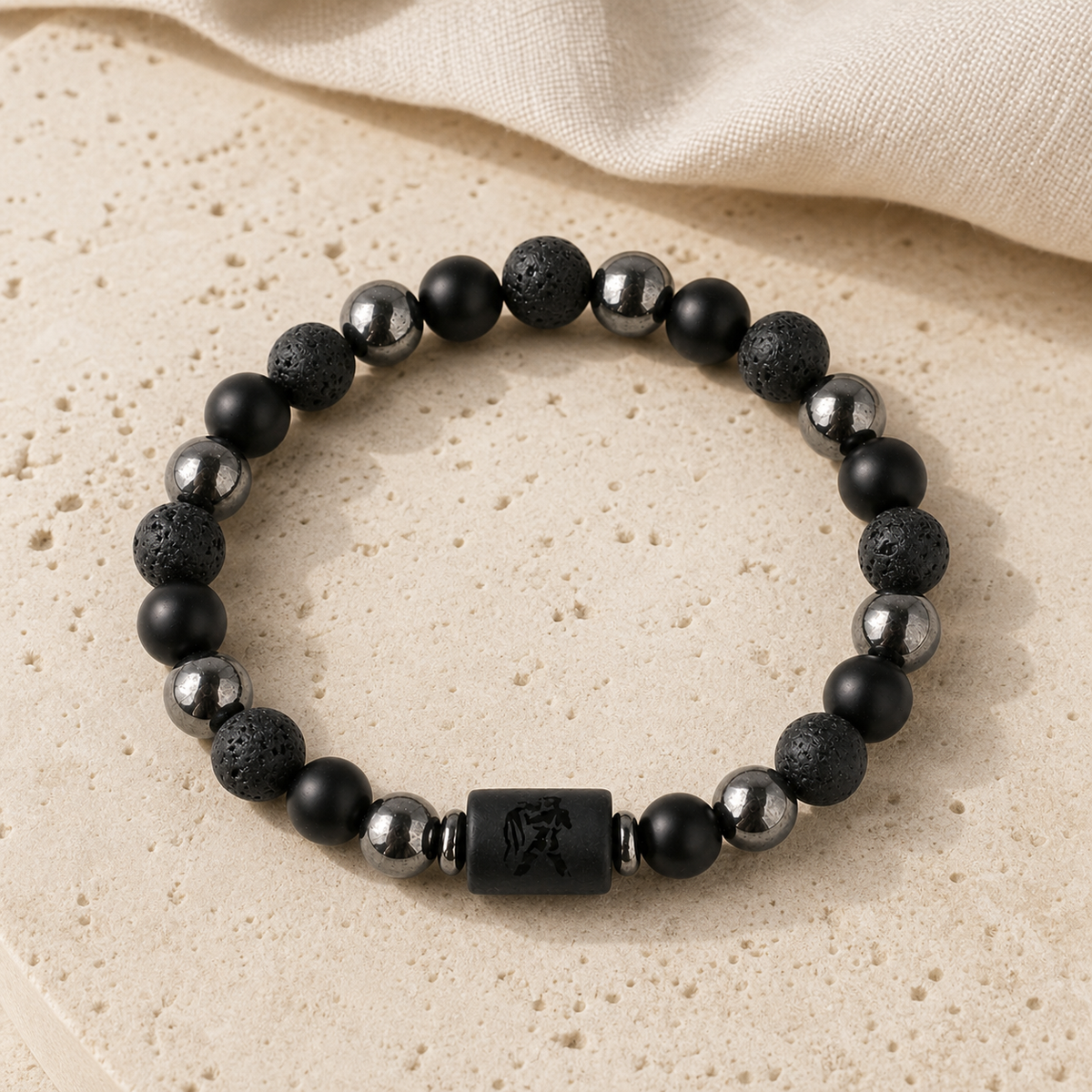 Bracelet Signe Astrologique Verseau — Lave, Hématite et Onyx — vue produit premium