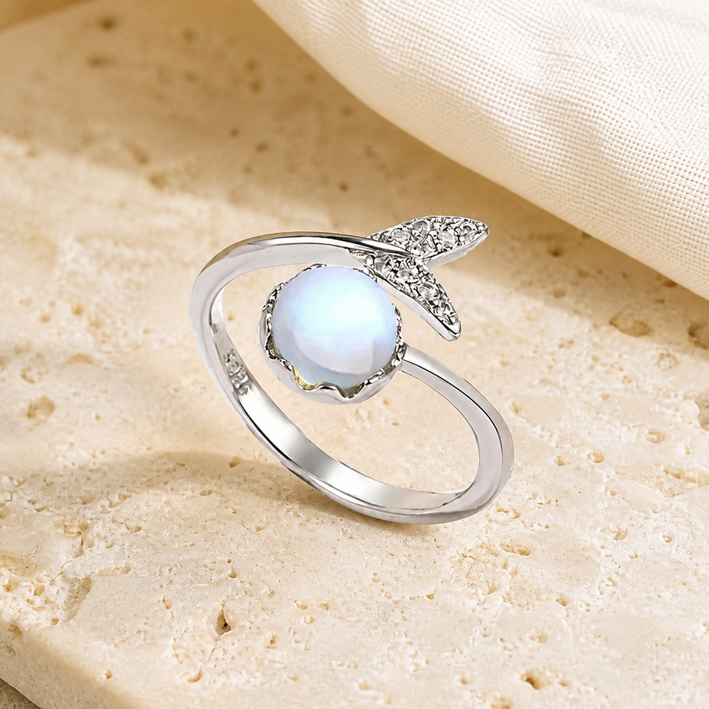 Bague Ajustable Pierre de Lune, Anneau Ouvert Argenté — vue produit premium
