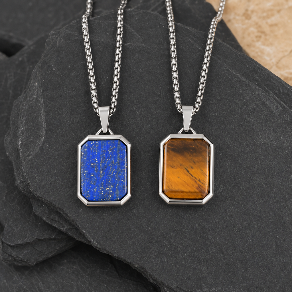 Collier Homme Pierre Naturelle – Pendentif Acier Inoxydable — photographie produit premium
