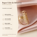Bague Cube de Métatron ajourée en acier, géométrie sacrée — fiche descriptive