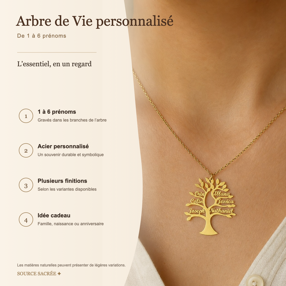 Collier Arbre de Vie Personnalisé 1 à 6 Prénoms en Acier — fiche descriptive