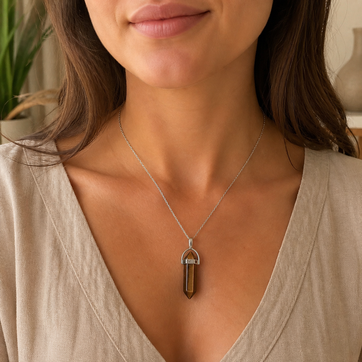Pendentif Pointe - Oeil de Tigre — bijou porté