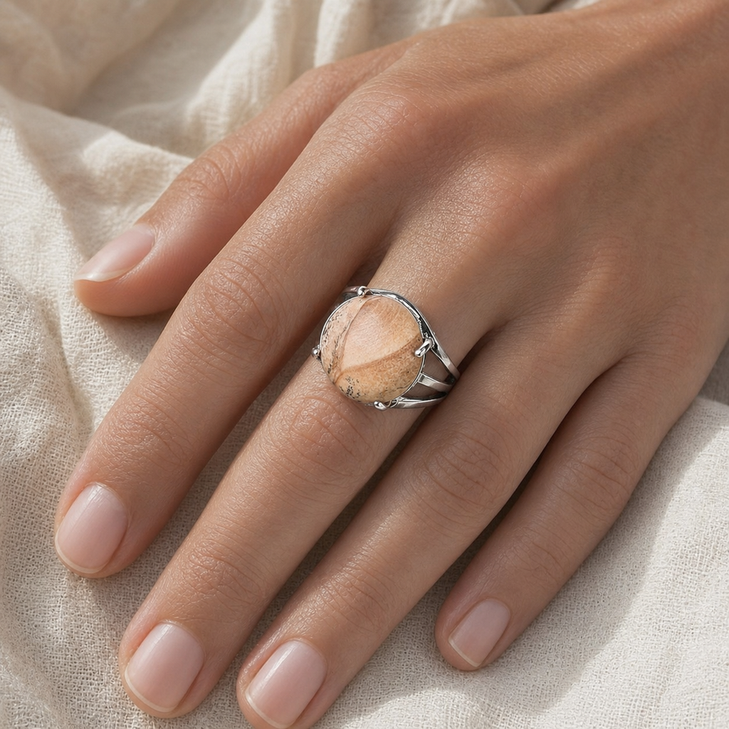 Bague Jaspe Paysage Cabochon — bijou porté en situation