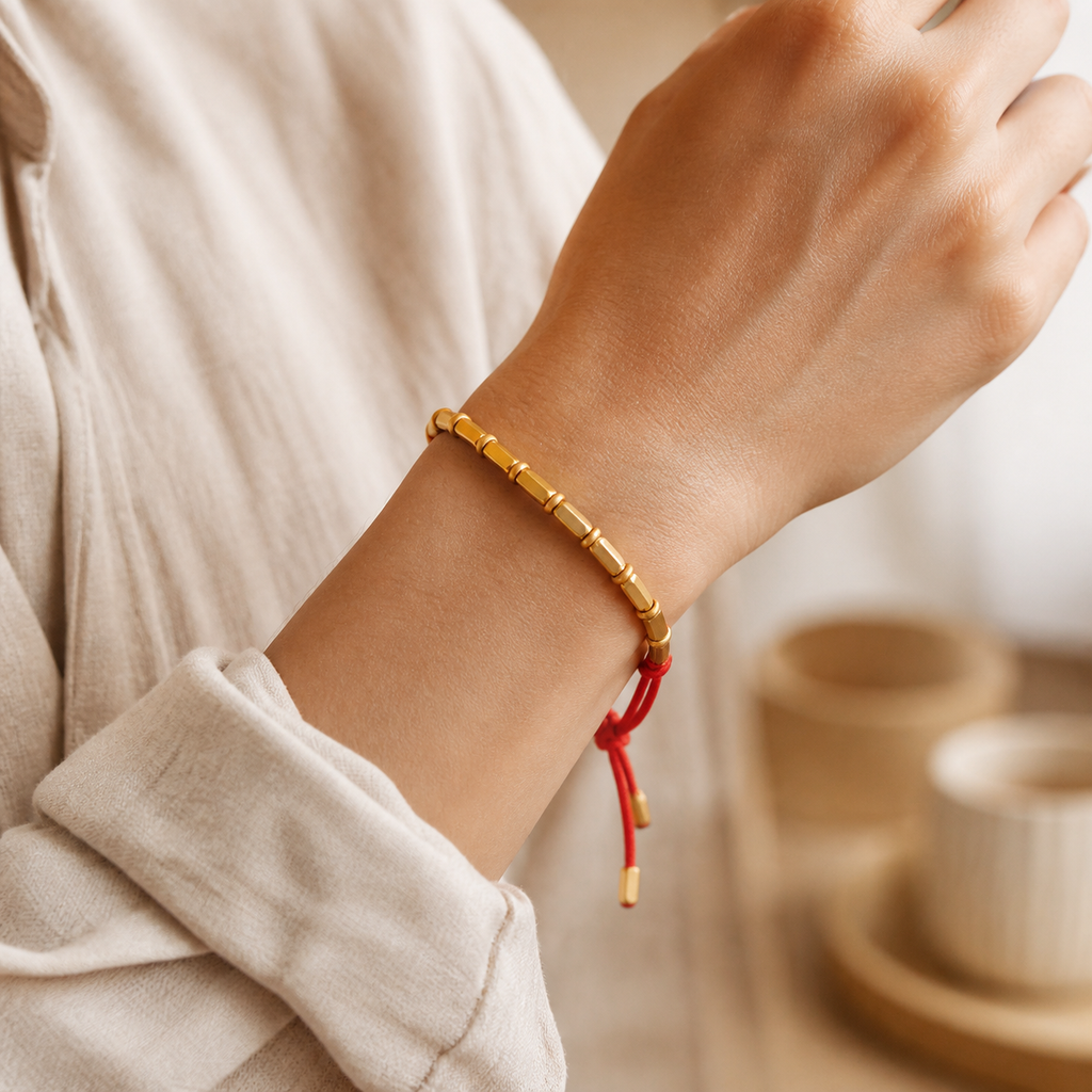 Bracelet Tibétain Perles de Cuivre Doré Tressé à la Main — bijou porté