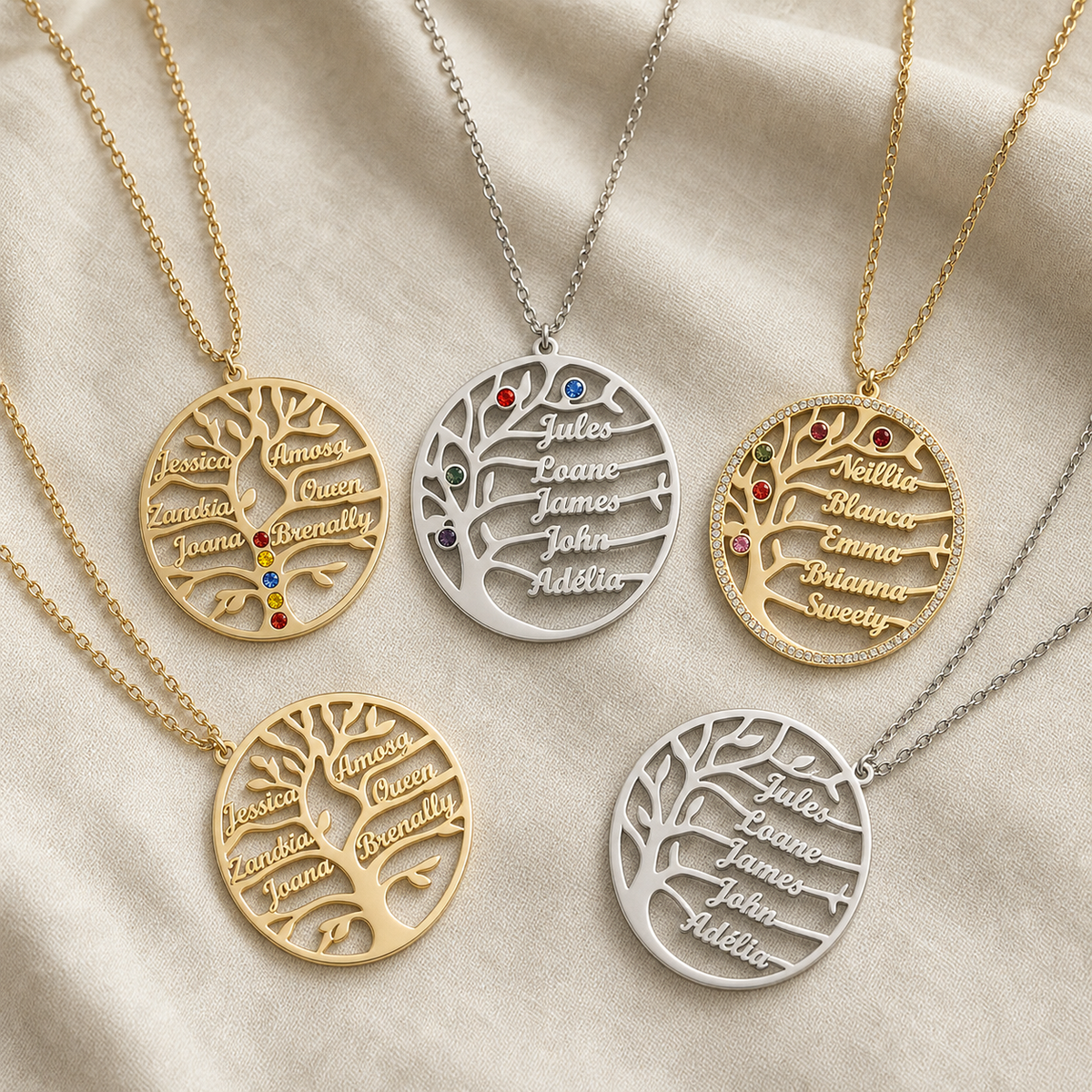 Collier Arbre de Vie Personnalisé Prénoms & Cristaux de Naissance — vue macro ou variantes