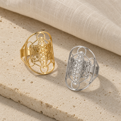 Bague Cube de Métatron ajourée en acier, géométrie sacrée