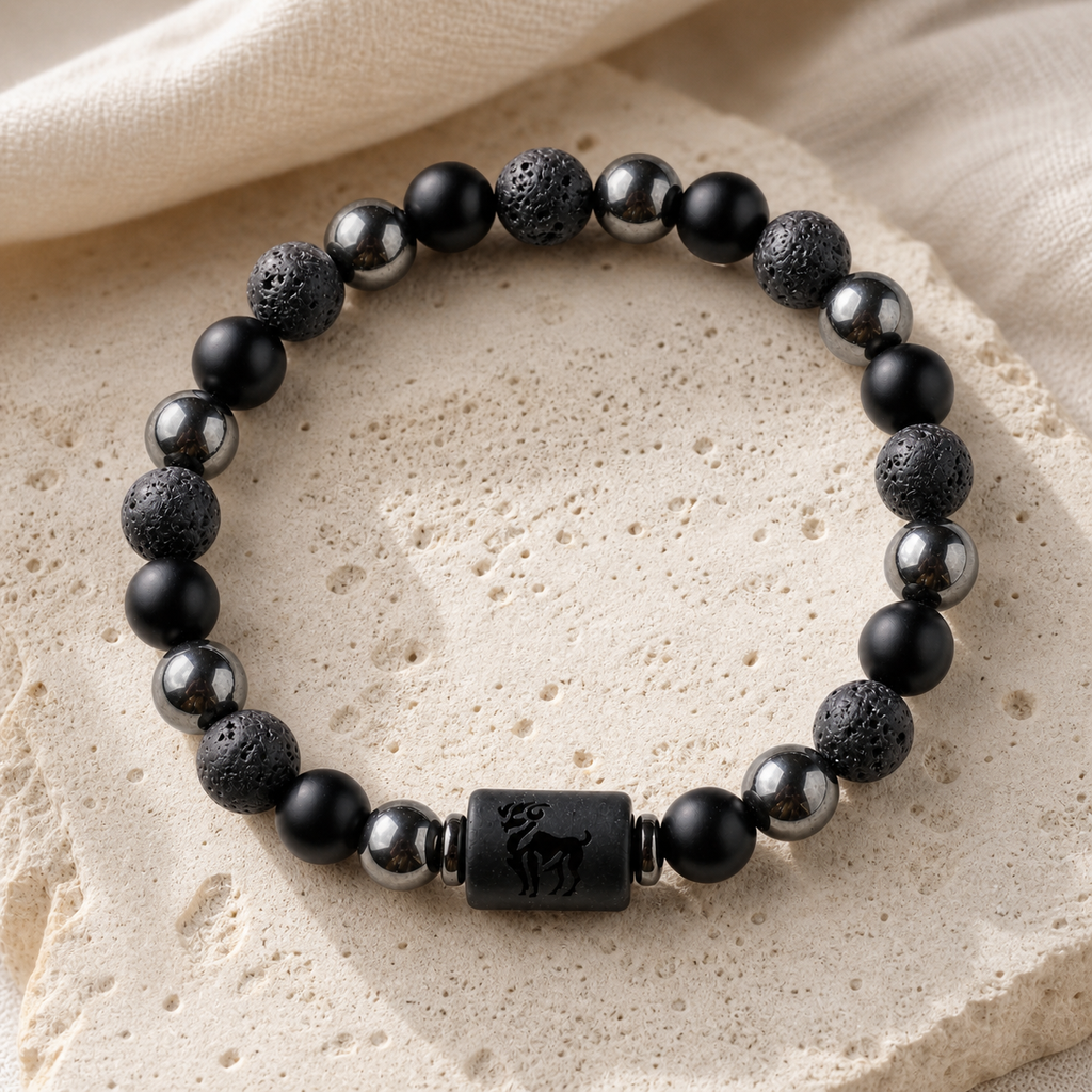 Bracelet Signe Astrologique Taureau — Lave, Hématite et Onyx — détail matière et finition
