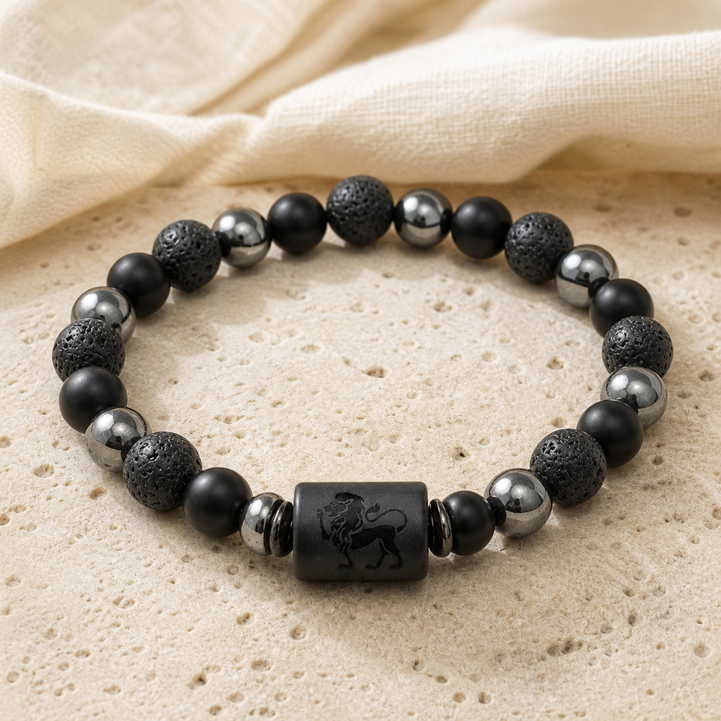 Bracelet Signe Astrologique Lion — Lave, Hématite et Onyx — détail matière et finition