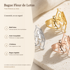Bague Fleur de Lotus ajourée en acier inoxydable réglable — fiche descriptive