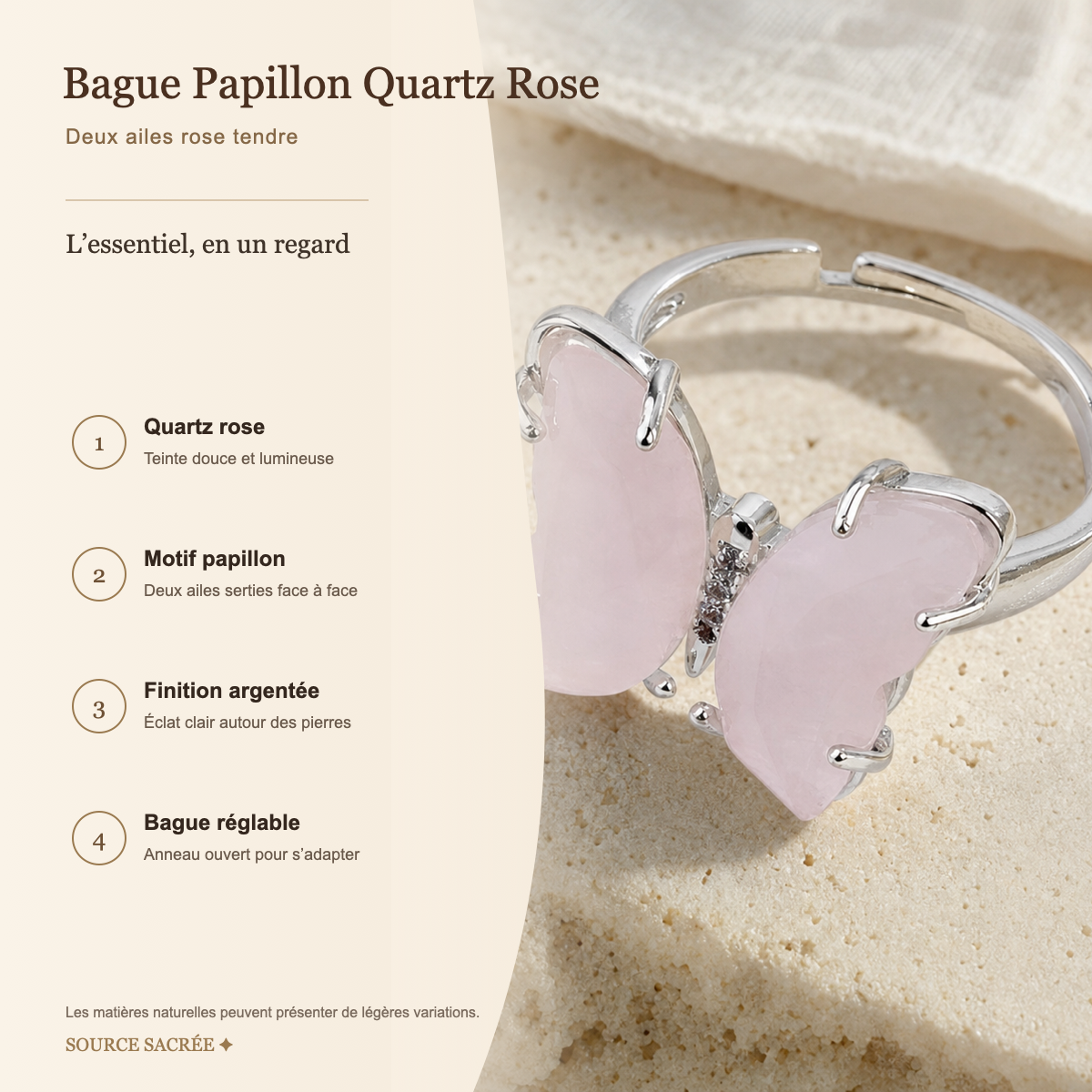 Bague Papillon Quartz Rose — fiche descriptive