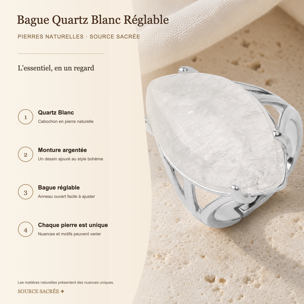 Bague Quartz Blanc Réglable — fiche descriptive