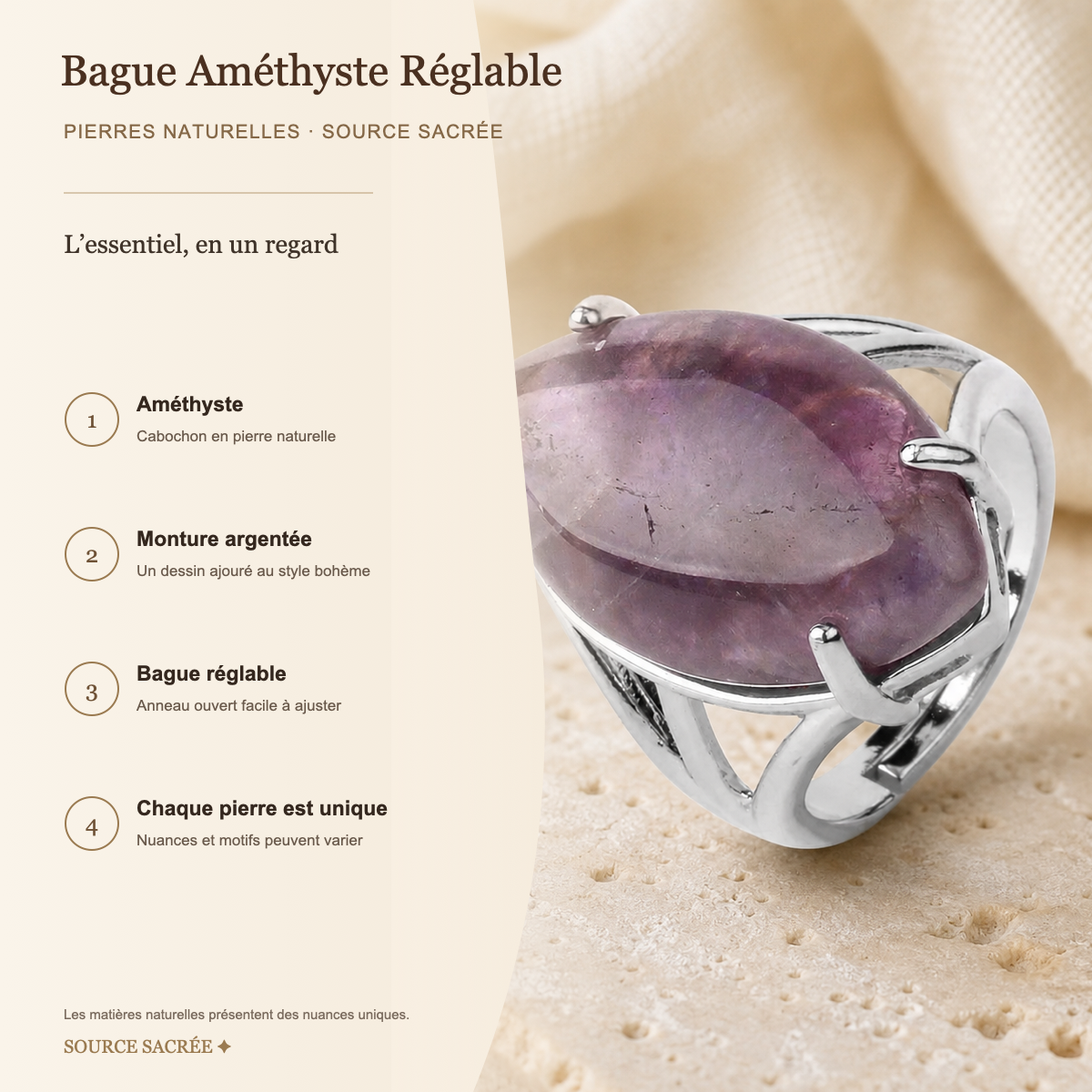 Bague Améthyste Réglable — fiche descriptive