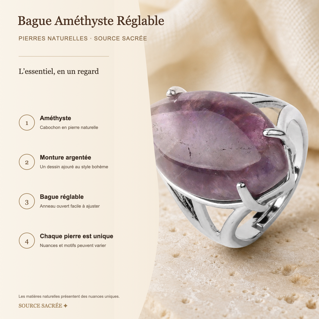 Bague Améthyste Réglable — fiche descriptive