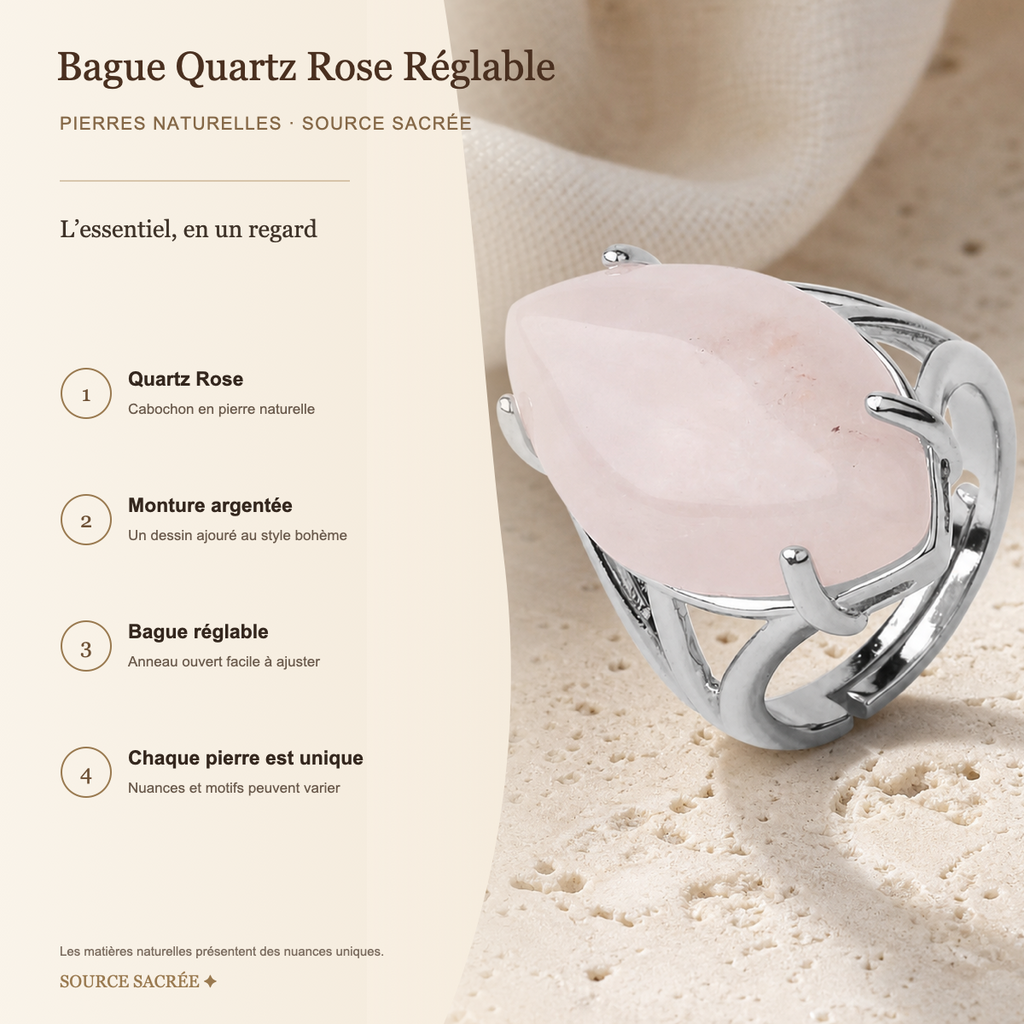 Bague Quartz Rose Réglable — fiche descriptive