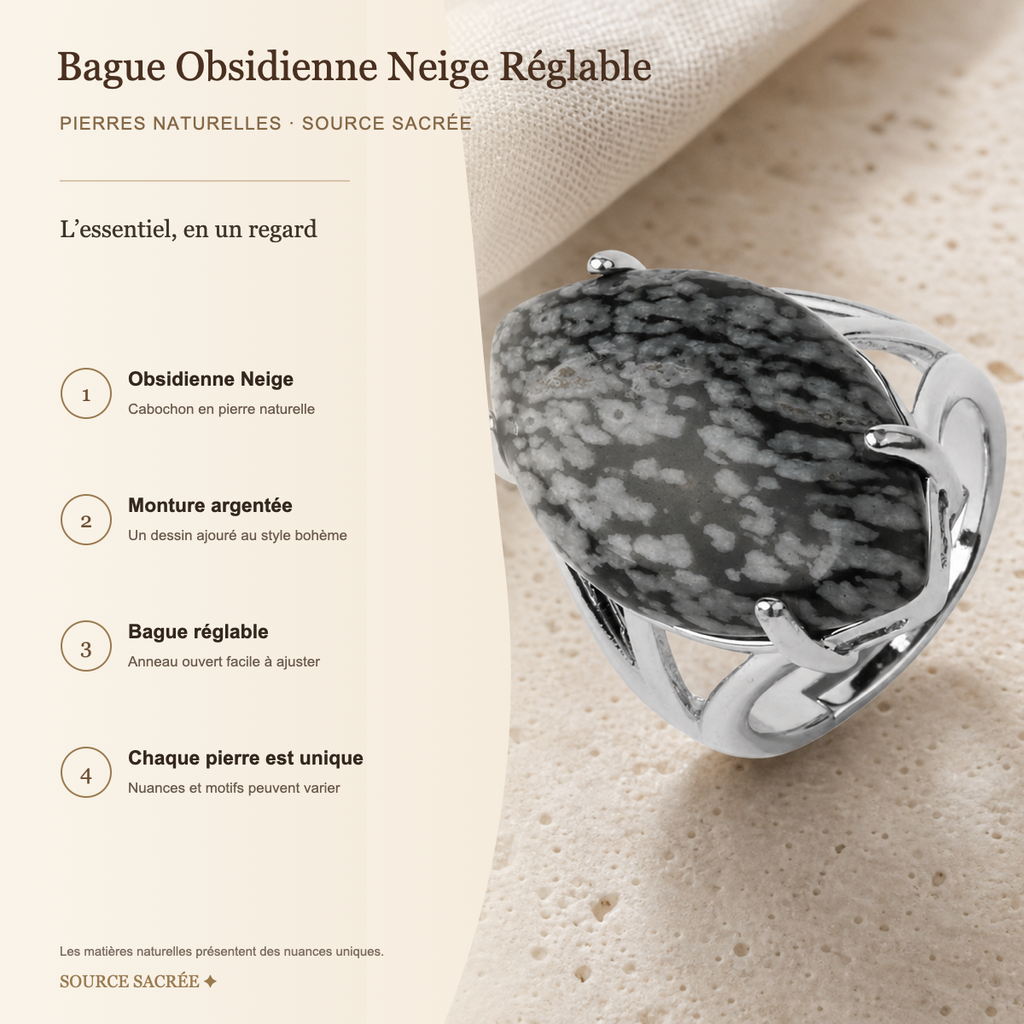 Bague Obsidienne Neige Réglable — fiche descriptive