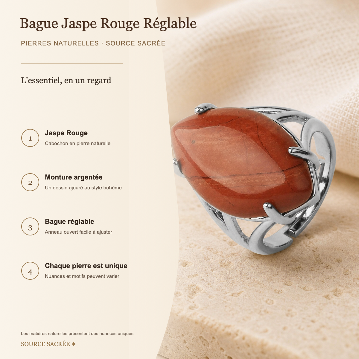 Bague Jaspe Rouge Réglable — fiche descriptive