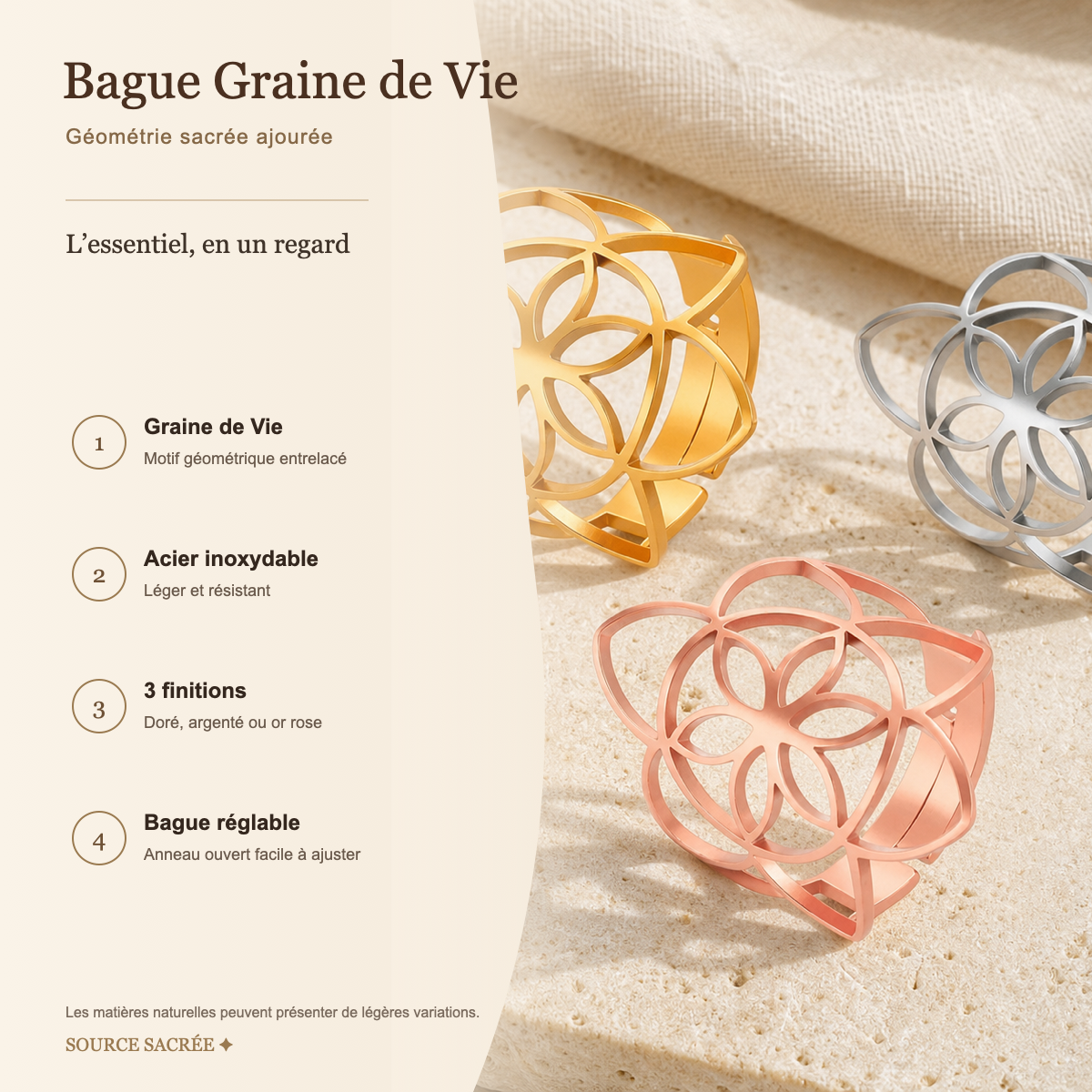 Bague Graine de Vie ajourée en acier inoxydable réglable — fiche descriptive