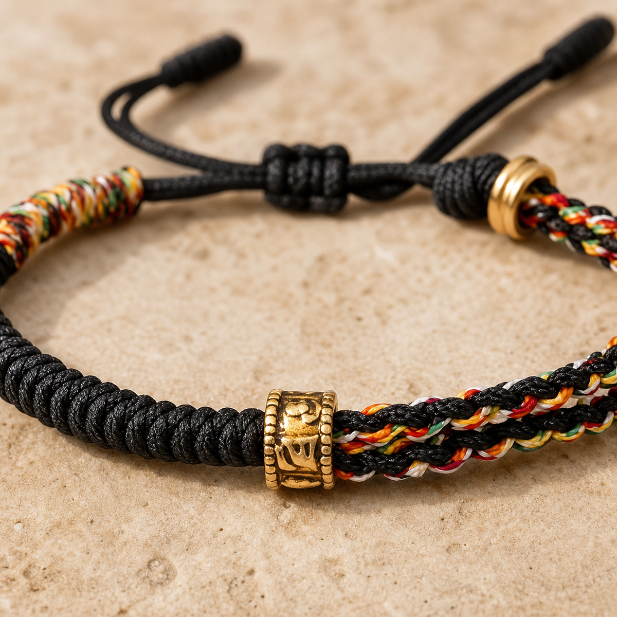 Bracelet Tibétain Tressé Main & Perle Mantra Gravée — vue macro