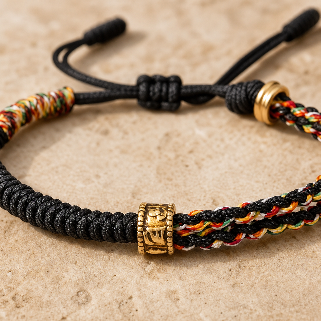 Bracelet Tibétain Tressé Main & Perle Mantra Gravée — vue macro