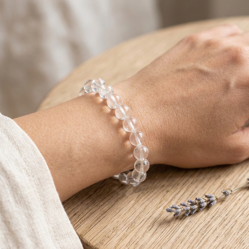 Bracelet cristal de roche porté au poignet pierre transparente