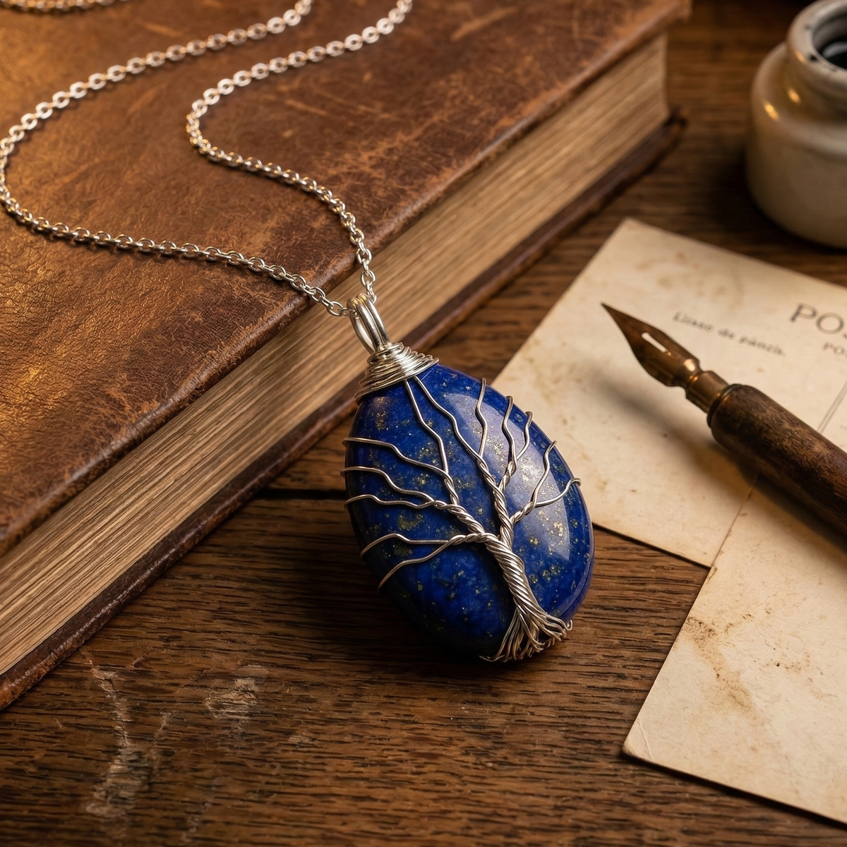 Collier arbre de vie lapis-lazuli porté, chaîne argentée fine