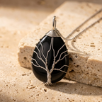 Collier arbre de vie obsidienne noire pendentif chaine argentee - pierre naturelle