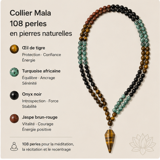 Collier Bouddhiste 108 Perles Chakra en Pierres Naturelles - lithothérapie | Source Sacrée