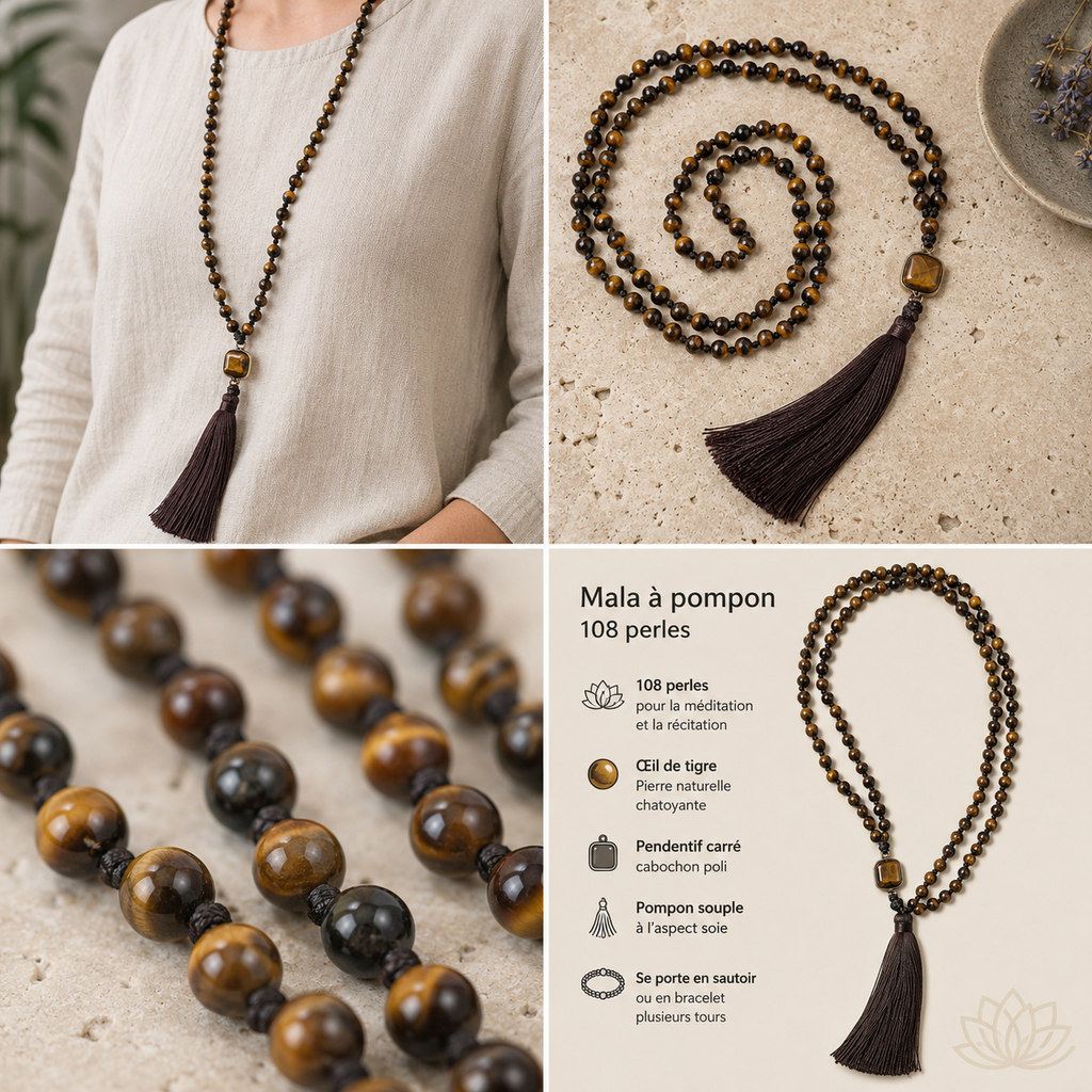 Mala à Pompon 108 Perles — Œil de Tigre ou Onyx Noir - lithothérapie | Source Sacrée