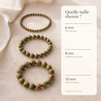 Bracelet Unakite : comparaison des perles 6 mm, 8 mm et 10 mm