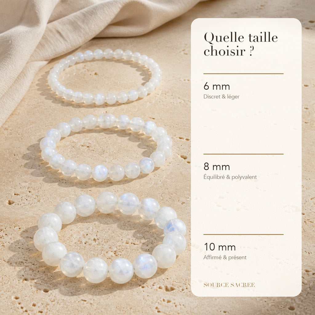 Bracelet Pierre de Lune : comparaison des perles 6 mm, 8 mm et 10 mm