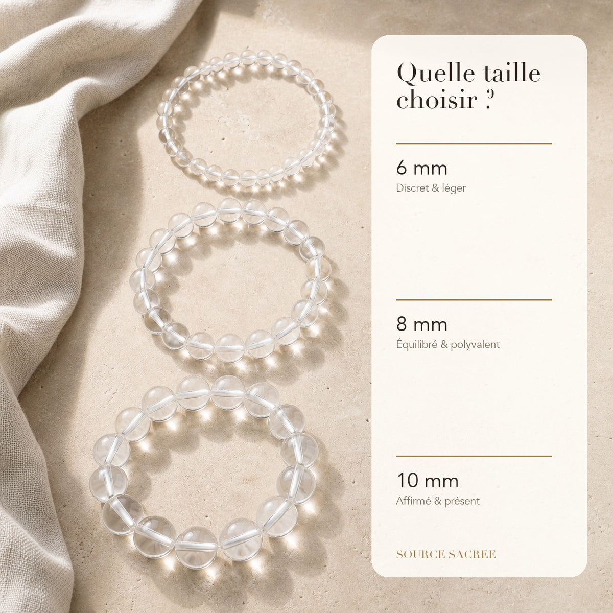 Bracelet Cristal de Roche : comparaison des perles 6 mm, 8 mm et 10 mm