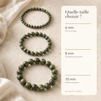 Bracelet Epidote : comparaison des perles 6 mm, 8 mm et 10 mm
