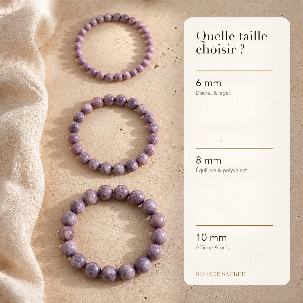 Bracelet Lépidolite : comparaison des perles 6 mm, 8 mm et 10 mm