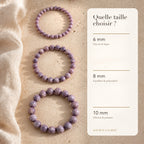 Bracelet Lépidolite : comparaison des perles 6 mm, 8 mm et 10 mm